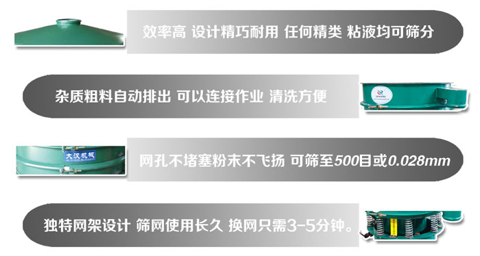 直徑1000mm麻豆免费版免费下载的特點：效率高，設計精巧耐用，任何精類，粘液均可篩分，雜質粗料自動排出，可以連接作業，清洗方便。網孔不堵塞粉末不飛揚，可篩至500目或0。028mm篩網使用長久，換網隻需3-5分鍾。