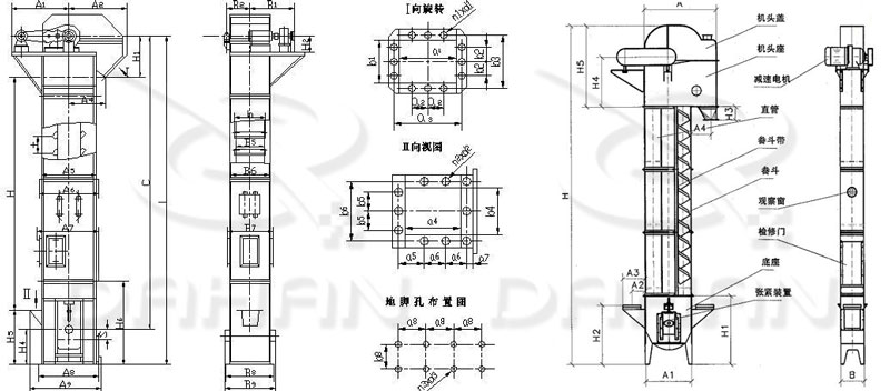 TD/D型鬥式提升機基本結構:機頭蓋，機頭座，減速電機，直管，底座，緊張裝置等。