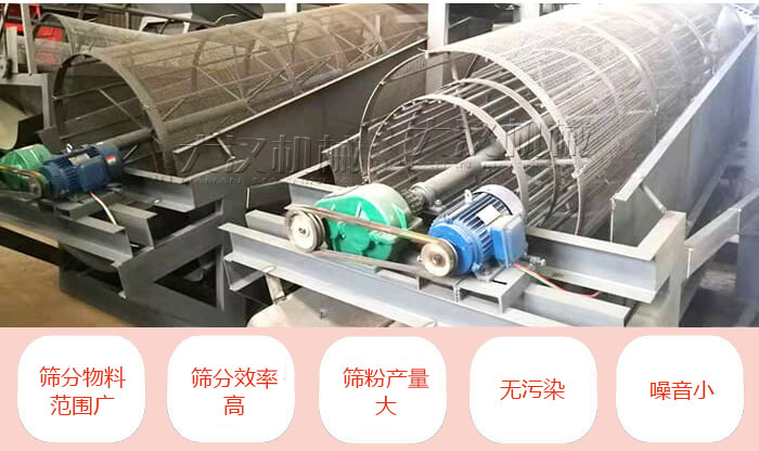 滾筒篩分機主要特點：篩分物料範圍廣，篩分效率高，篩分產量大，無汙染，噪音小。