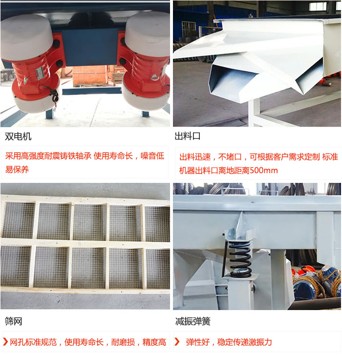 直線麻豆免费版免费下载優勢：雙電機：采用高強度耐震鑄鐵軸承 使用壽命長，噪音低，易保養 出料口：出料迅速，不堵口，可根據客戶需求定製 標準機器出料口離地距離500mm 篩網：網孔標準規範，使用壽命長，耐磨損，精度高 減振彈簧：彈性好，穩定傳遞激振力