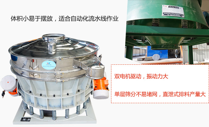 雙電機驅動，振動力大，單層篩分不易堵網，直泄式排料產量大