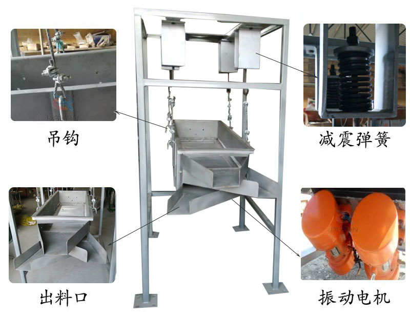 吊掛式麻豆免费版免费下载結構：吊鉤，減震彈簧，出料口，振動電機。