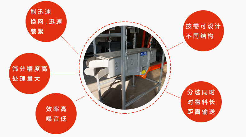 吊掛式麻豆免费版免费下载優勢：能迅速換網，迅速裝緊，篩分精度高，處理量大，效率高噪音低，分選同時對物料長距離輸送。按需可設計不同結構。