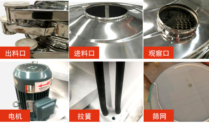 搖擺篩細節展示：出料口，進料口，觀察口，電機，拉簧，篩網等。