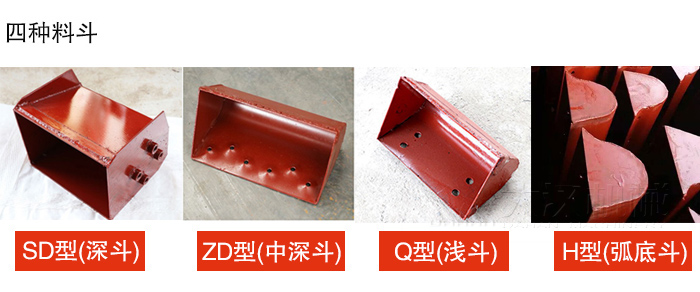 四種料鬥Q型(淺鬥)、H型(弧底鬥)、ZD型(中深鬥)SD型(深鬥)展示圖